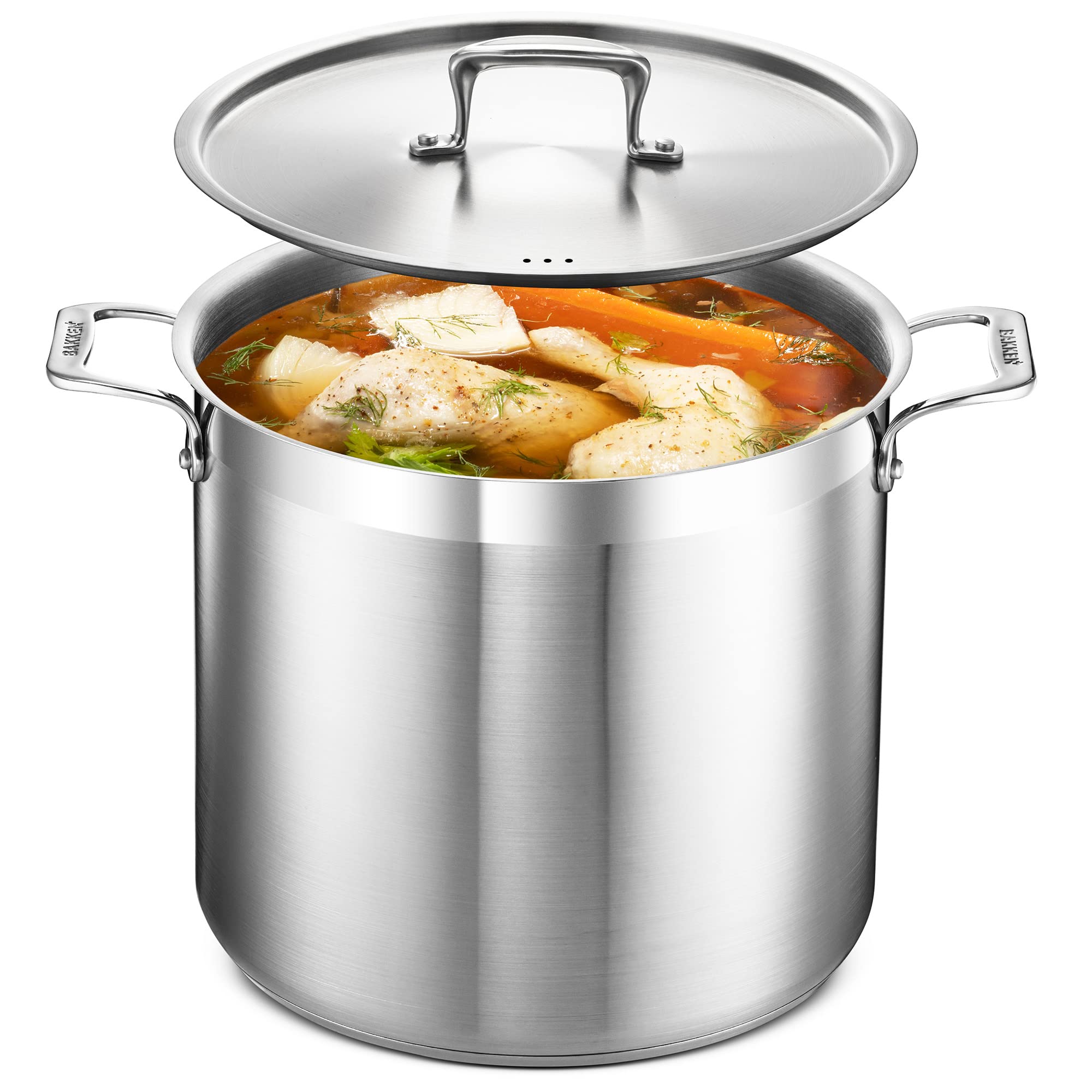 Stockpot – 16 Quart – Brushed Stainless Steel – Heavy Duty Induction Pot With Lid And Riveted Handles – For Soup, Seafood, Stock, Canning And For