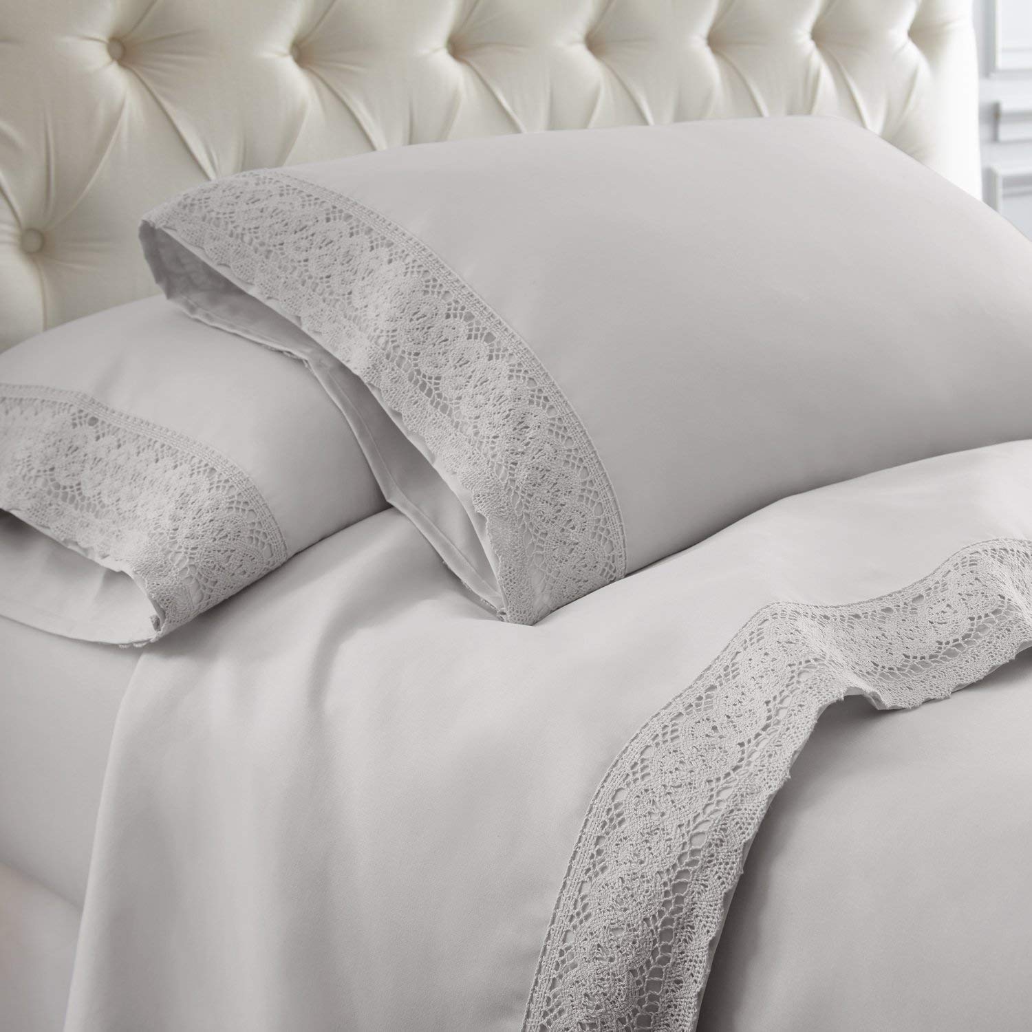 Shangri-La Crochet Lace Microfibre Sheet Set - Silver - Double - AfterPay & zipPay Available
