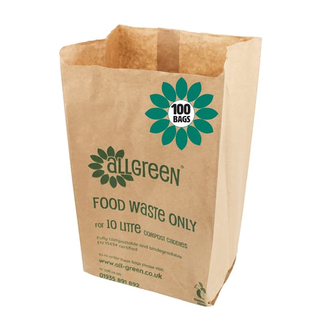 10 Litre x 100 Paper Compostable Bags Kitchen Caddy Liners - Food Waste Bin Liners - EcoSack 10L Biodegradable Bags With Composting Guide
