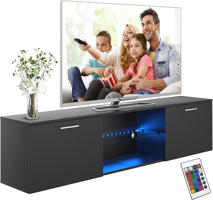 Advwin LED TV Cabinet 160cm Entertainment Unit Wooden Modern TV Stand Cabine Glass Shelf Black