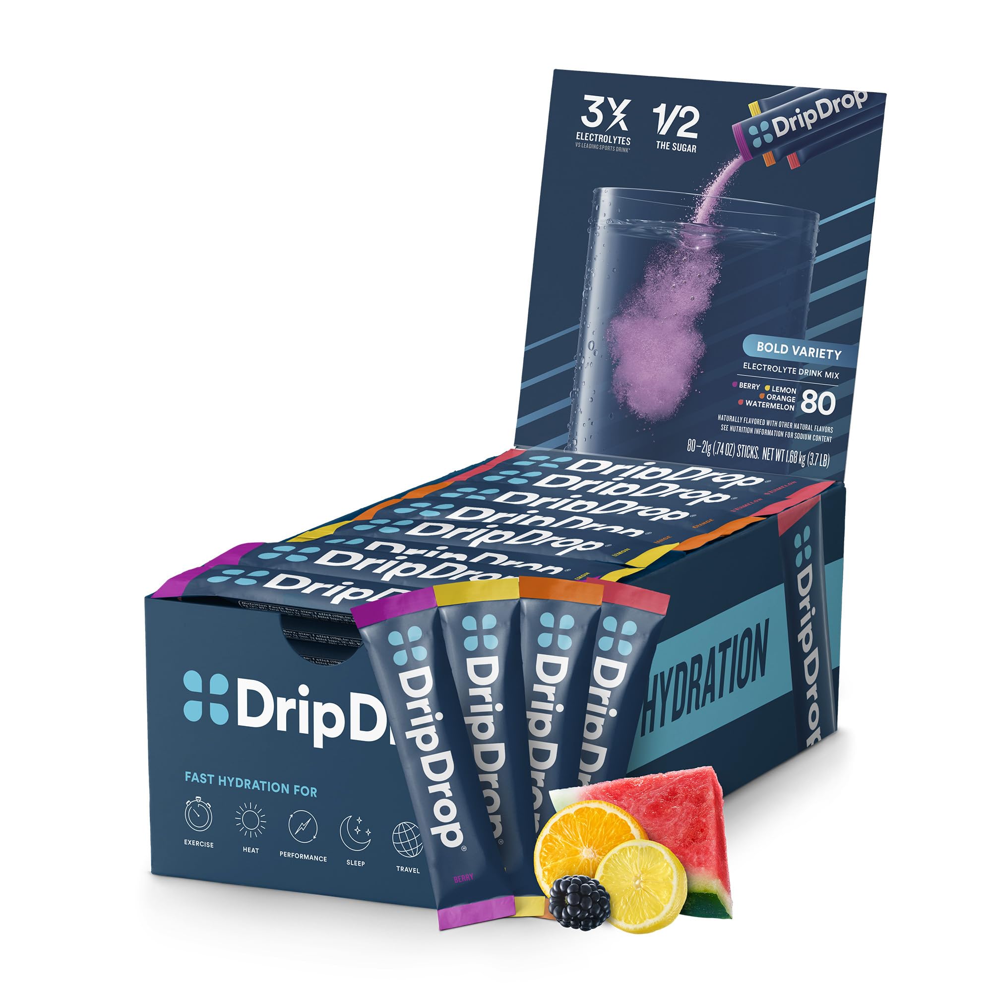 DripDrop Hydration - Electrolyte Powder Packets - Watermelon, Berry, Orange, Lemon - 16 Count