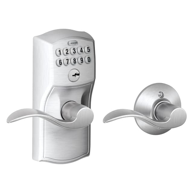 Schlage FE575 Cam 626 Acc Camelot Keypad Entry with Auto-Lock and Accent Levers, Brushed Chrome