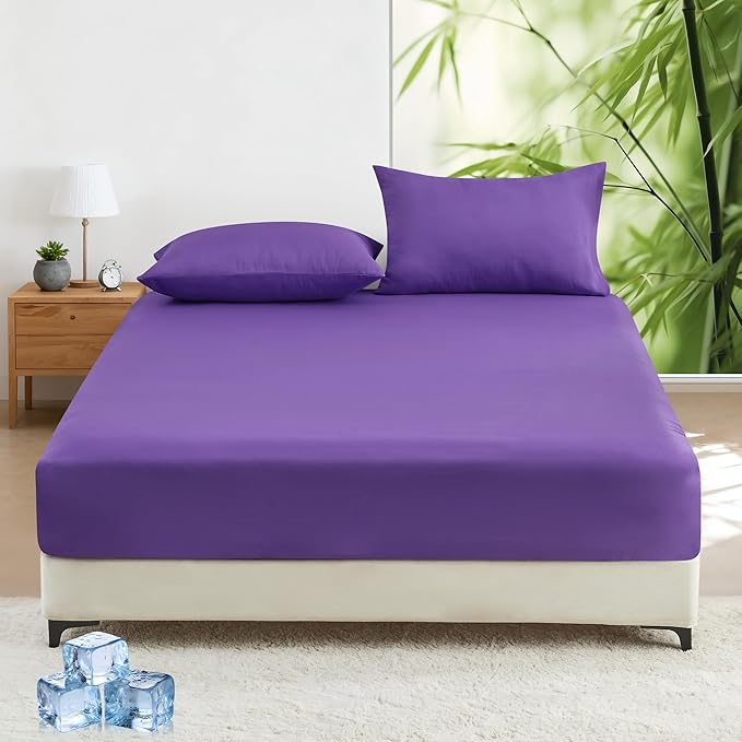 LINENOVA Bamboo 40cm Deep Pocket Bed Sheets Soft Fitted Sheet - Queen,Purple