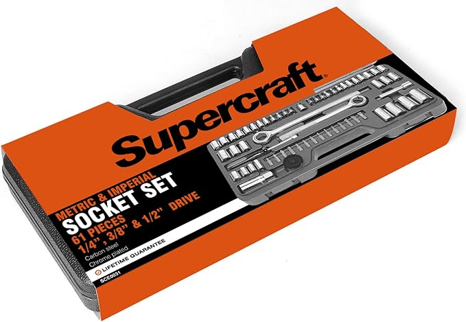 Supercraft 1/4" 3/8" & 1/2" Drive Metric and Imperial Socket Set 61pc