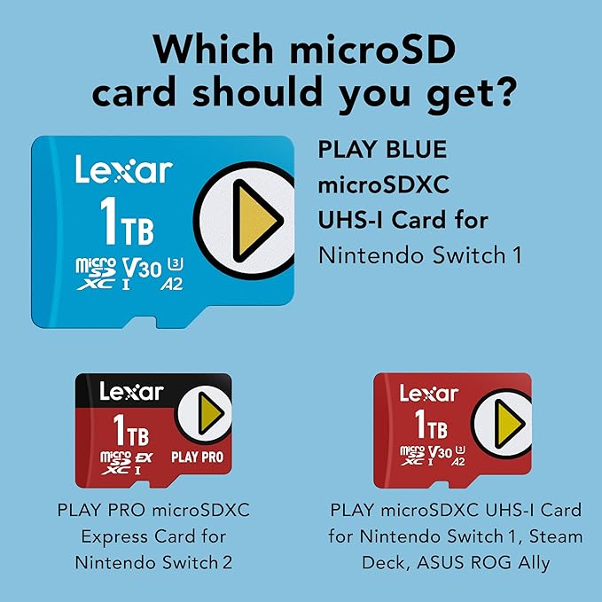 Lexar 1TB Play Blue Micro SD Card, UHS-I, C10, U3, V30, A2, 4K, Up to 160MB/s microSDXC Memory Card, Expanded Storage for Nintendo-Switch, Gaming 