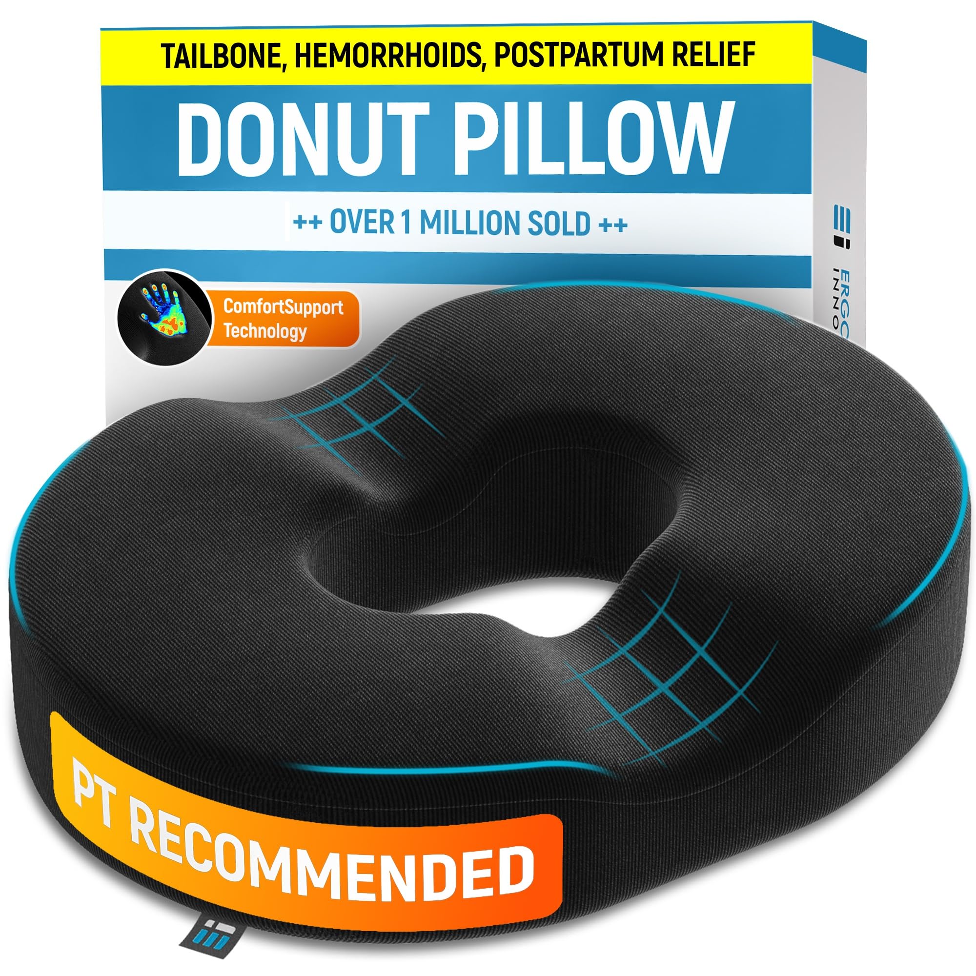 Ergonomic Innovations Donut Tailbone Cushion Hemorrhoid Pillow - Medical Seat Pain Relief Treatment for Hemorrhoids Bed Sores Prostate Coccyx