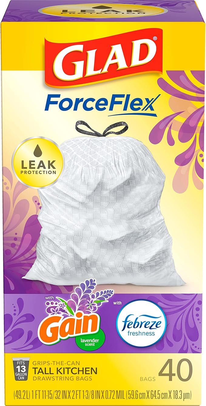 Glad Trash Bags, ForceFlex Tall Drawstring Garbage Bags, 13 Gallon White Trash Bags for Tall Kitchen Trash Can, Mediterranean Lavender with Febreze