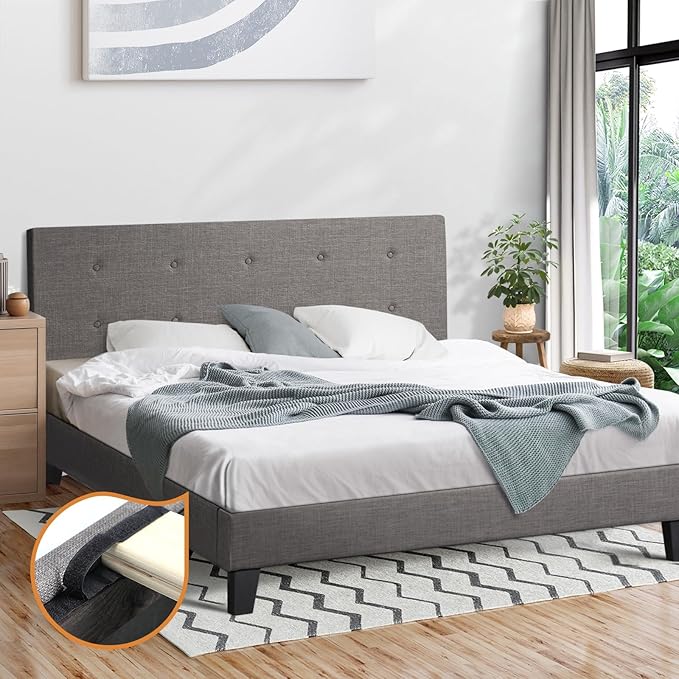 Oikiture Bed Frame Single Size Bed Platform Wooden Fabric Grey