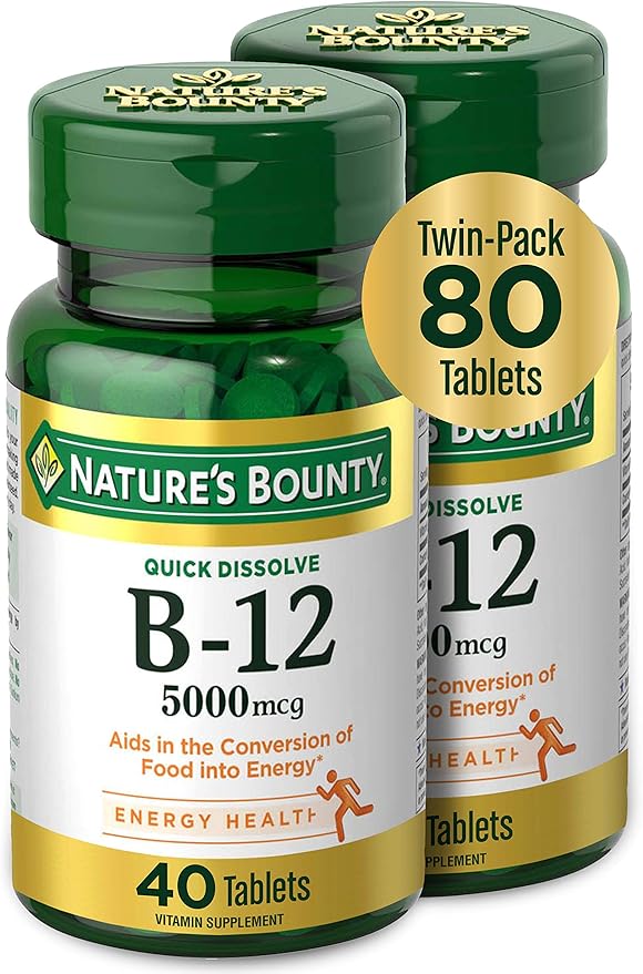 Nature's Bounty B-12 Twin Pack Naturally Cherry Flavor 5000 mcg 40 Quick Dissolve Tablets Each