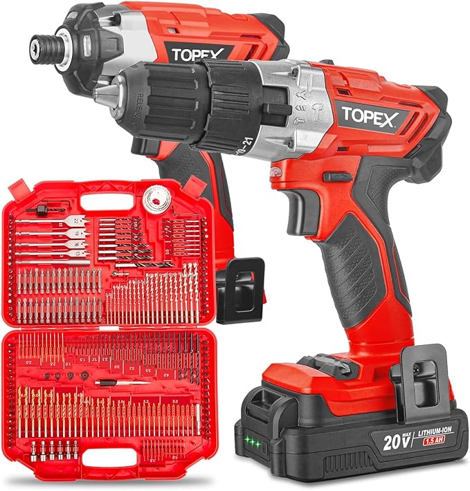 TOPEX 20V Cordless Hammer Drill Impact Driver Power Tool Combo Kit w/ Drill Bits