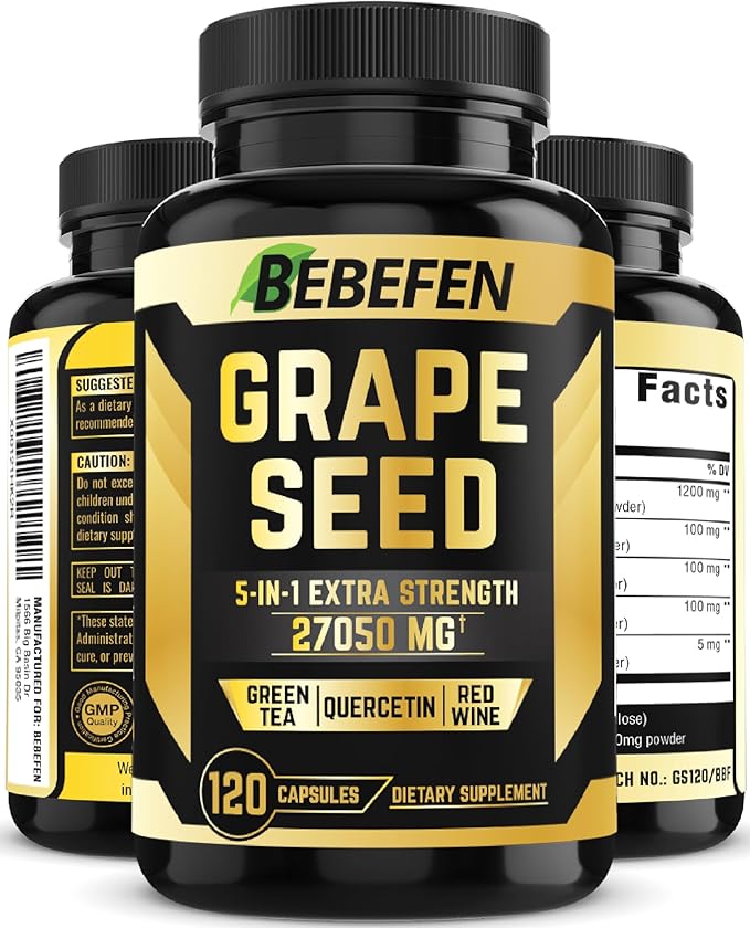 Grape Seed Extract 27,050 MG Equivalent 120 Capsules - 95% Polyphenols - Maximum Strength Standardized Extract with Green Tea, Quercetin, Red Wine,