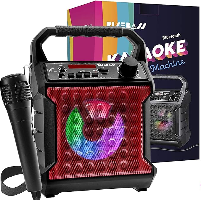 Risebass Portable Bluetooth Speaker with Microphone Set - Home Karaoke Machine and Pa System For Kids and Adults with Party Lights - Rechargeable