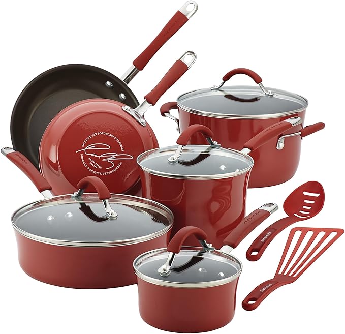 Rachael Ray Cucina Hard Enamel Nonstick 12-Piece Cookware Set - Red