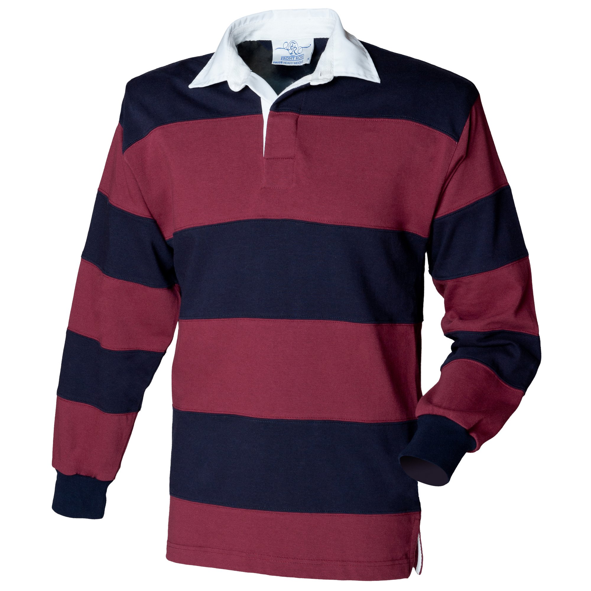 Front Row Sewn Stripe Long Sleeve Sports Rugby Polo Shirt Burgundy/Navy M Cotton Rugby