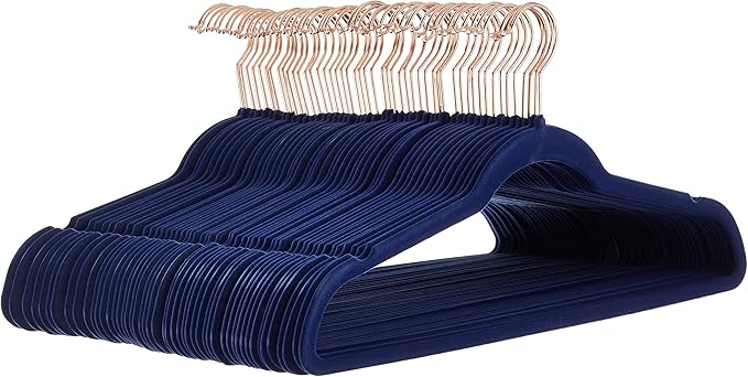 Amazon Basics Slim, Velvet, Non-slip Suit Clothes Hangers, Navy blue/rose Gold - Pack of 50
