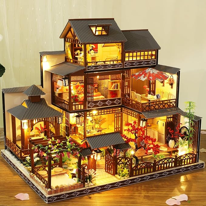 KOOMEKI Miniature Dollhouse DIY Set with Decoration Furniture and Led Lights, Japanese Courtyard Style, 1;24 Scale DIY Dollhouse with English
