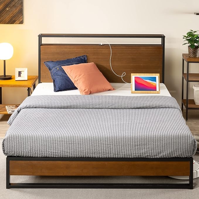 Zinus Ironline Bed Frame With Headboard Shelf and USB Port