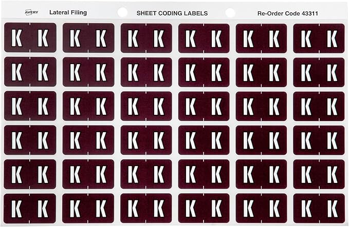 Avery Alphabetical 'K' Side Tab Colour Coding Labels 25 x 38 mm, 180/Pack