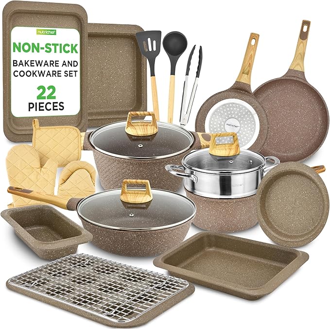 NutriChef 22-Piece Non-Stick Cookware and Bakeware Set - Maroon Marble