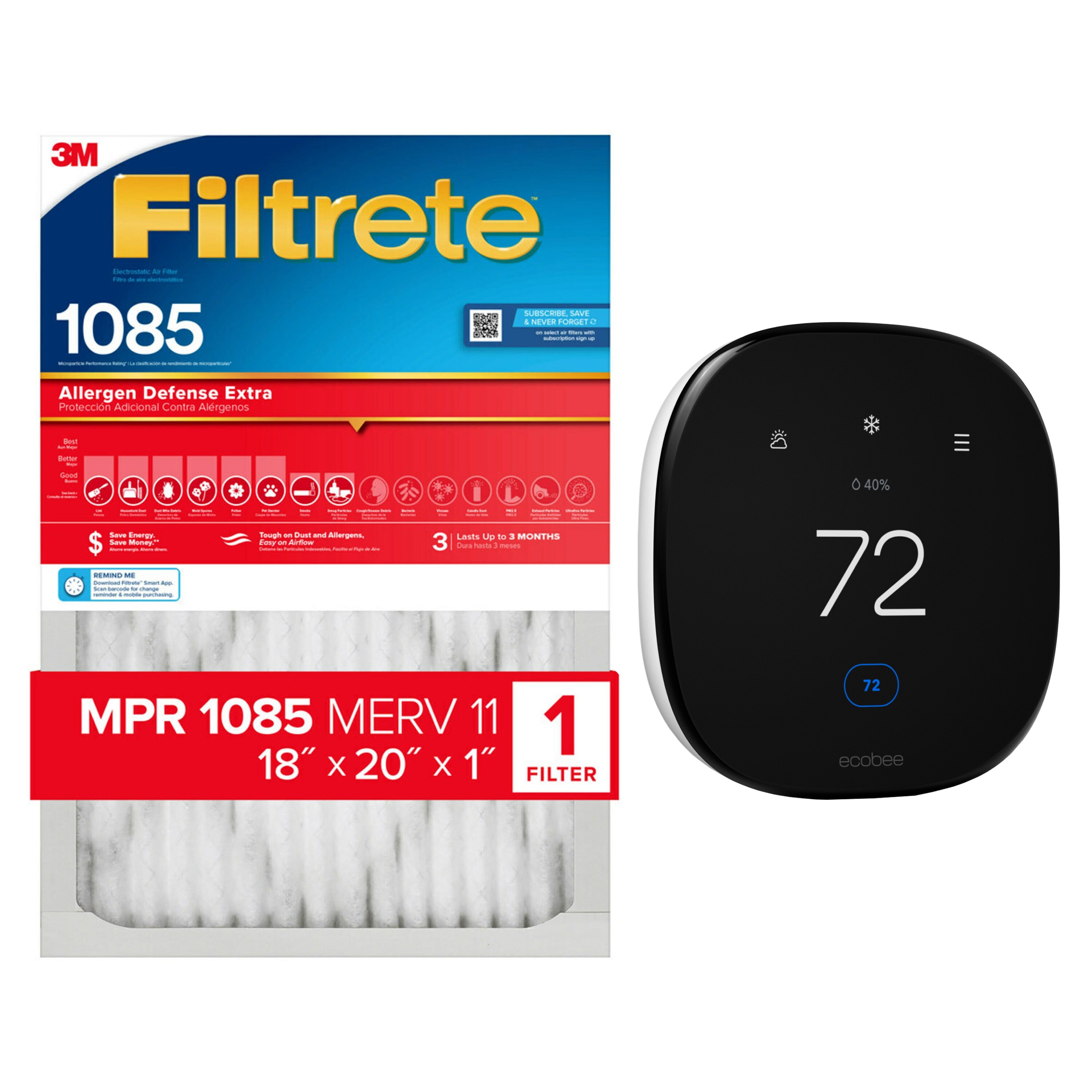 ecobee Smart Enhanced Black Smart Wi-Fi Thermostat + 1085 MPR Allergen Defense Air Filter Single