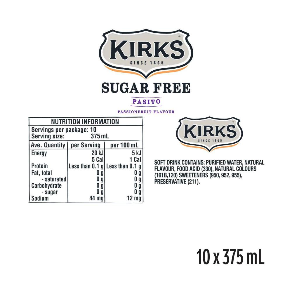 Kirks Sugar Free Pasito Passionfruit Soft Drink Multipack Cans 20 x 375 ml