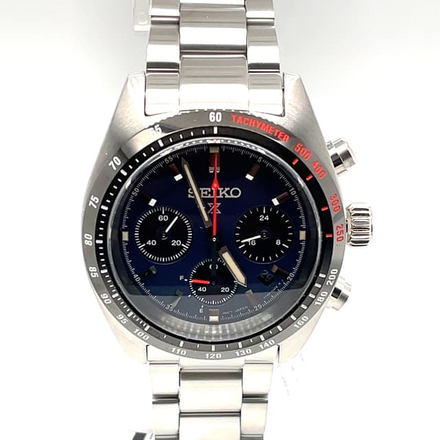 Seiko Prospex Speedtimer Solar Chronograph; 39MM Navy Blue Dial with Sand-Blaster Texture; Red Accents & Black Subdials; Stainless Bracelet