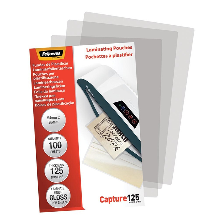 Fellowes Laminating Pouches Gloss 125 Micron 54 x 86mm Pack 100
