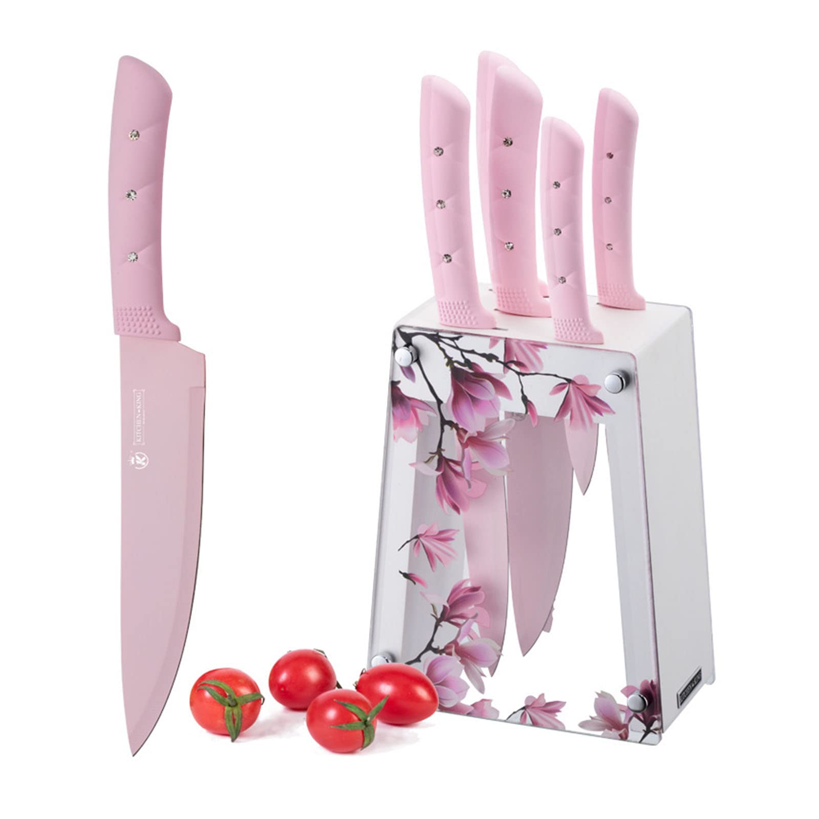 Chef Knife Set, 6 Pieces Stainless Steel Professional Kitchen Knife Set With Acrylic Stand For Cooking, Lightweight Strong Anti-slip Pink Knives Set