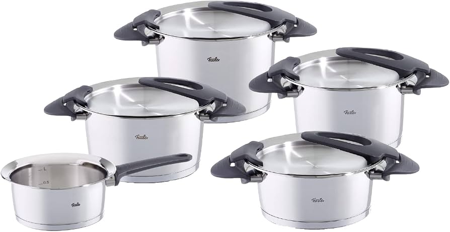 Fissler intensa/Cookware-Set, 5-Pieces, Stainless Steel, Cooking Pot Set, with Lid (3 Cooking Pots, 1 Stewing Pots, 1 Saucepan without Lid) -