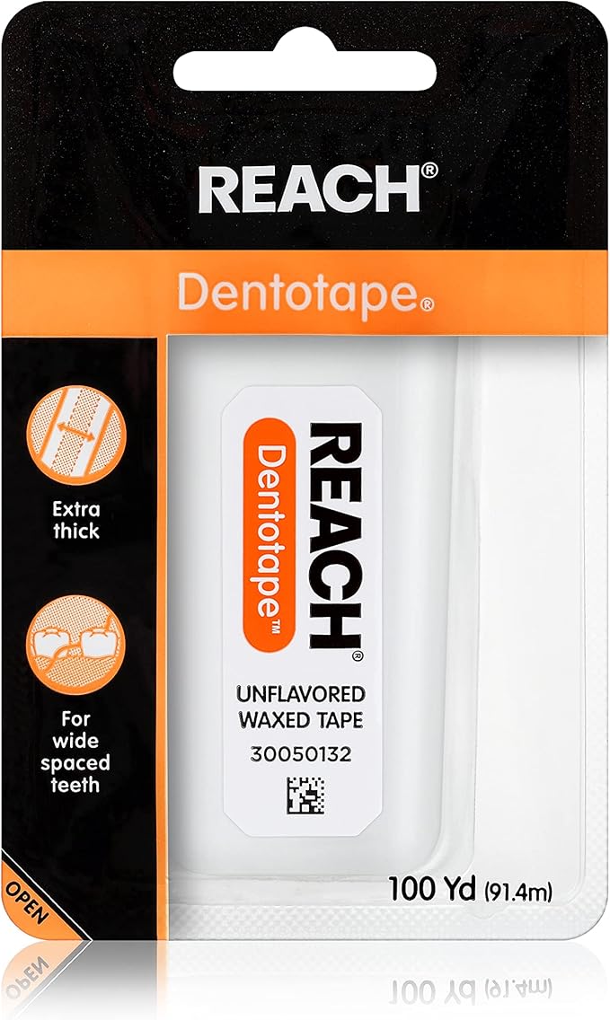 Reach Dentotape Waxed Dental Floss with Extra Wide Cleaning Surface for Large Spaces Between Teeth, Unflavored, 100 Yards