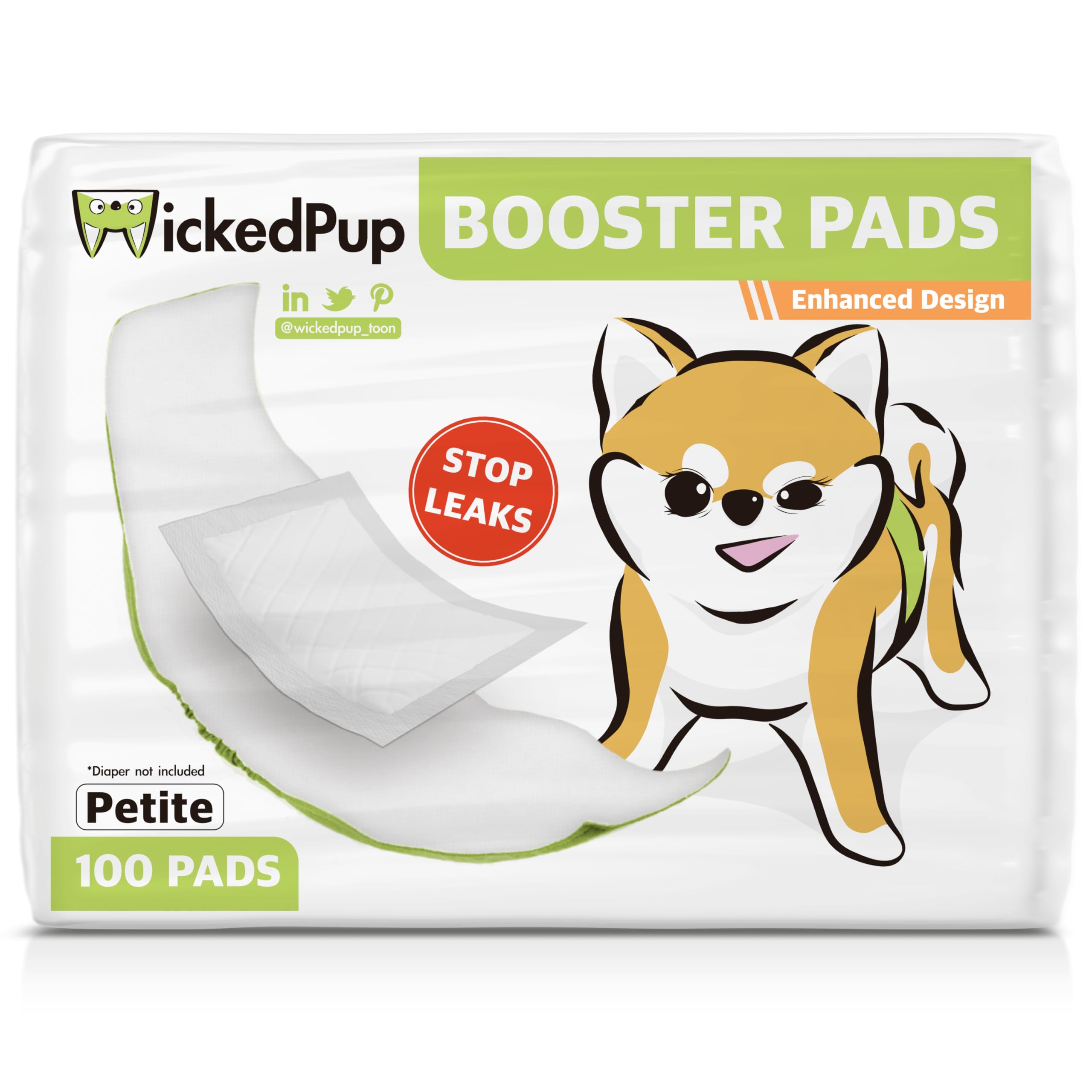 WICKEDPUP Dog Diaper Liners Booster Pads for Male and Female Dogs, 100ct | Disposable Doggie Diaper Inserts Fit Most Reusable Pet Belly Bands, Cover
