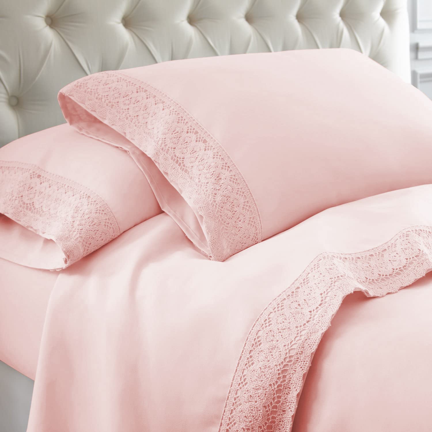 Crochet Pink Lace On Pink Sheet Set by Kingtex (Double)