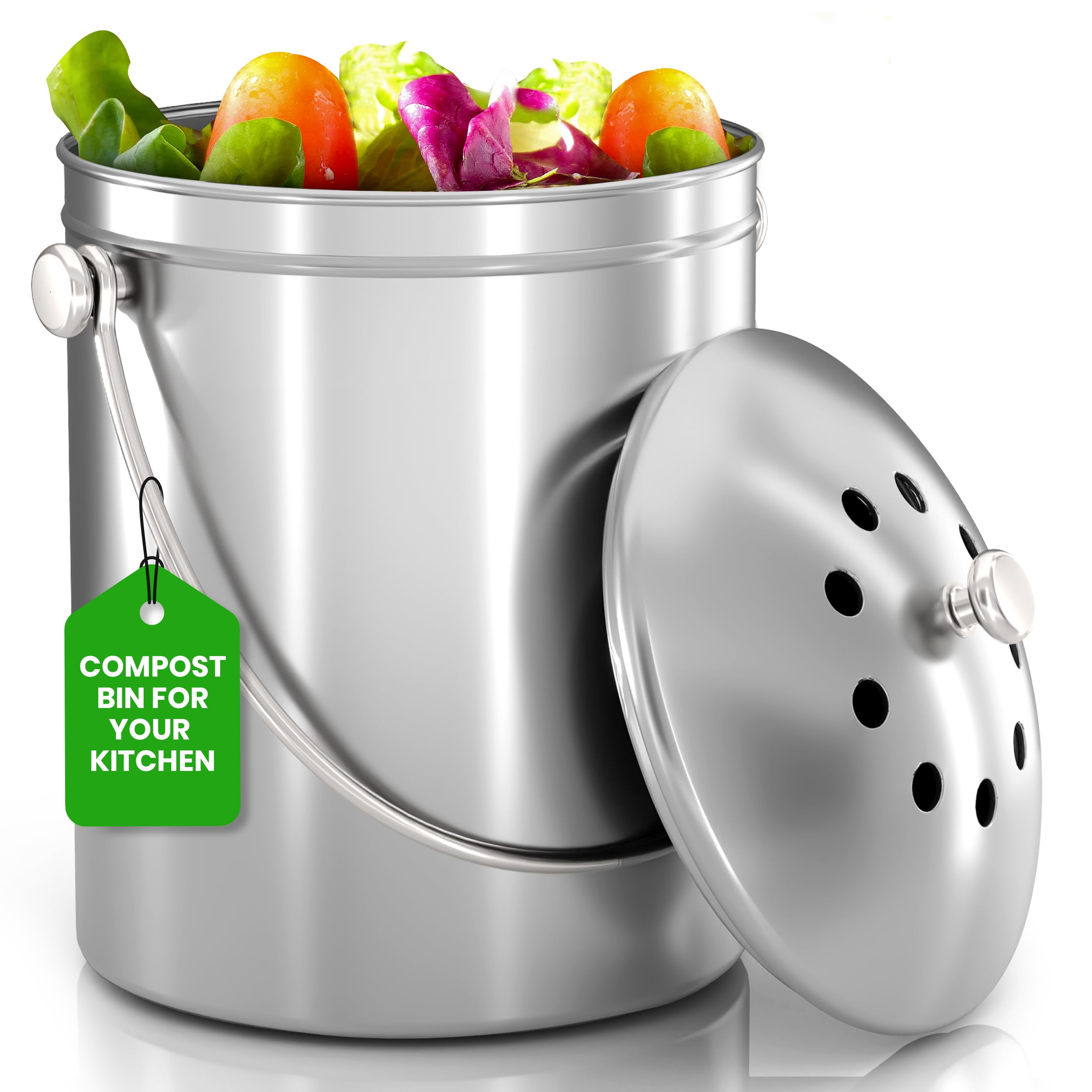Utopia Kitchen Stainless Steel Compost Bin For Kitchen Countertop - 1.3 Gallon Compost Bucket Kitchen Pail Compost With Lid