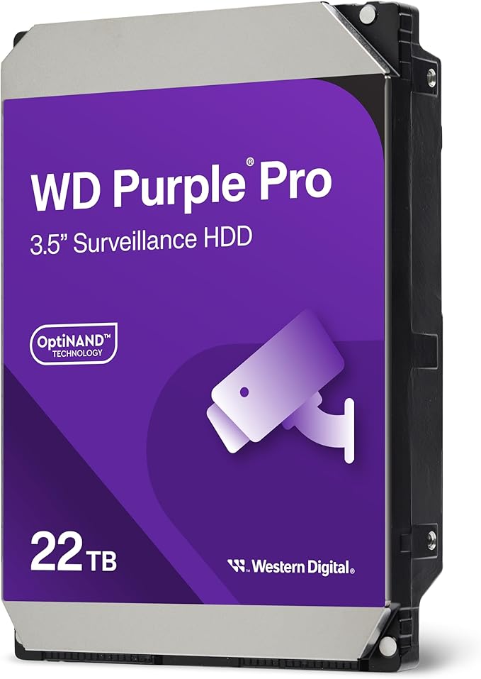 Western Digital WD Purple Pro 22TB 3.5' Surveillance HDD 7200RPM 512MB SATA3 265MB/s 550TBW 24x7 64 Cameras AV NVR DVR