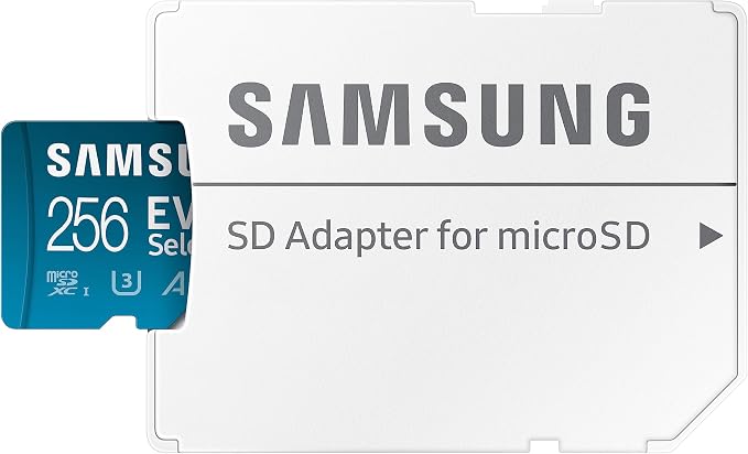 Samsung Evo Select MicroSD Memory Card + Adapter, 256GB microSDXC, Speeds Up to 160 MB/s, UHS-I, C10, U3, V10, A2, Upgrade Storage for Phones, Tablets