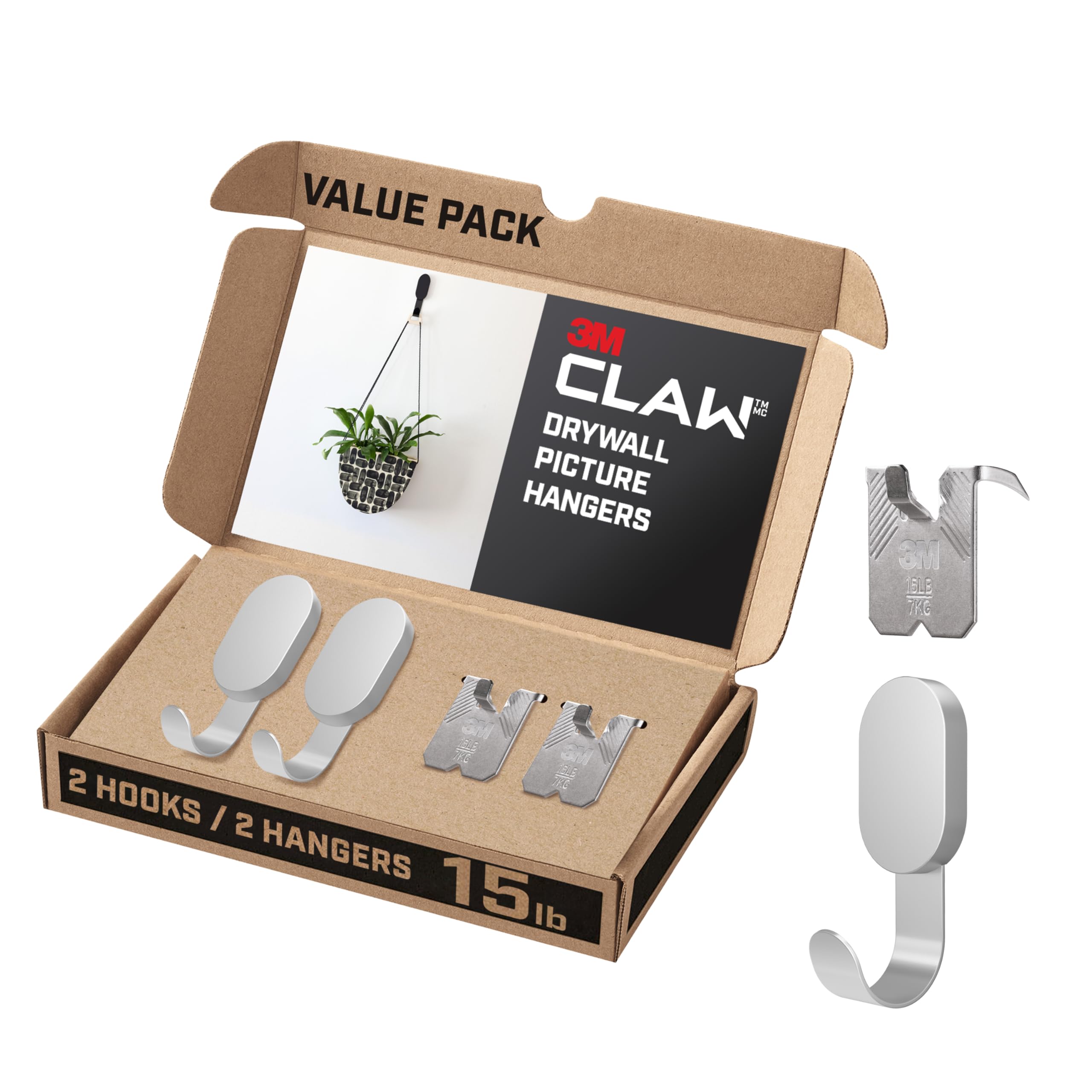 3M Claw 15 lb. Drywall Hooks and Picture Hangers Set, Heavyweight Hanging Solution for Home Décor and Room Decor, 2 Matte Black Hooks and 2 Picture