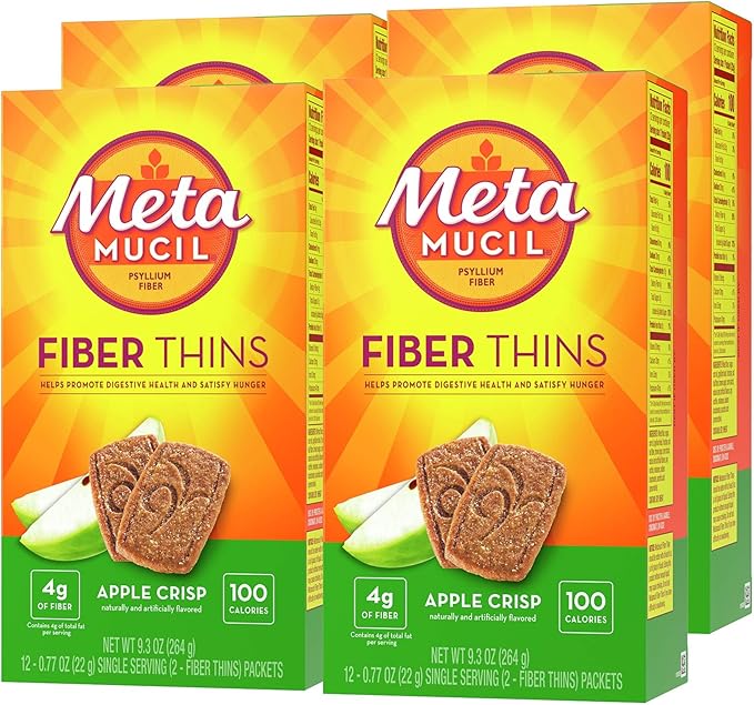 Metamucil Fiber Thins, Cinnamon Spice Flavored Dietary Fiber Supplement Snack With Psyllium Husk, 12 Servings (Pack of 4)