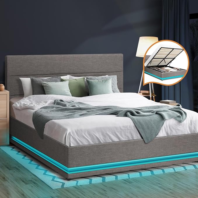 Oikiture Bed Frame King Size Bed Platform RGB Led Grey